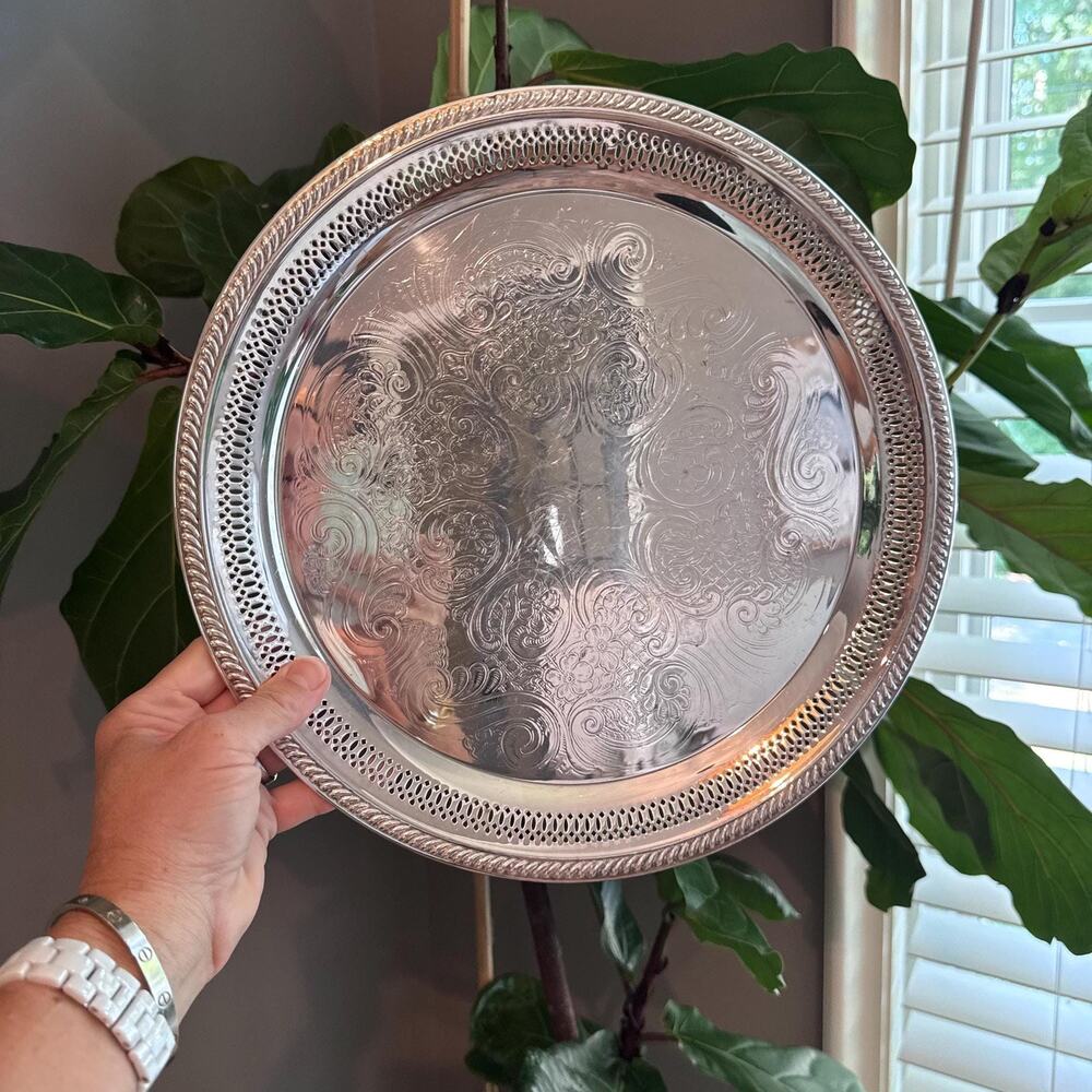 Vintage FB Rogers Pierced Engraved Silverplate Tray 12" Bar Cart Decor
